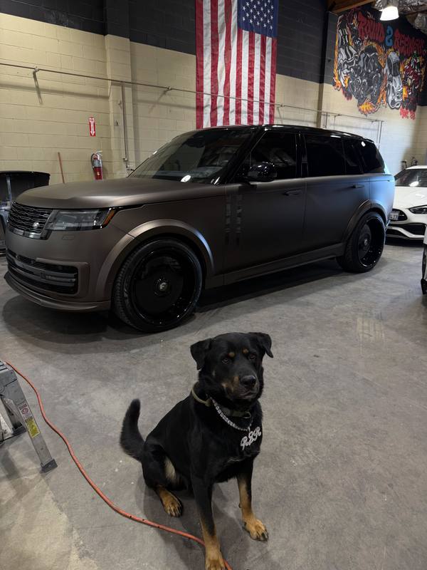 Range Rover in satin bronze with gloss black wheels, badges and lower trim, the flat finish holding one even tone from the front fender to the tailgate; the shop dog sits on the floor in front of it
